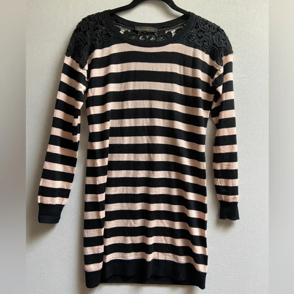 Caswell Massey Striped Wool Cashmere Crochet Lace Neckline Sweater Dress M